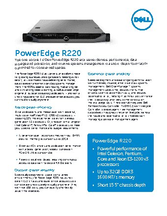 DELL PowerEdge R220 E3-1220v3 NHP Rack(1U)/4C 3.1GHz(8Mb)/1х8GB/PERC H310 (PER220-E3-1220v3)
